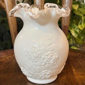 Vintage Fenton Silver Crest Rose Milk Glass Vase. Signed by Don Fenton